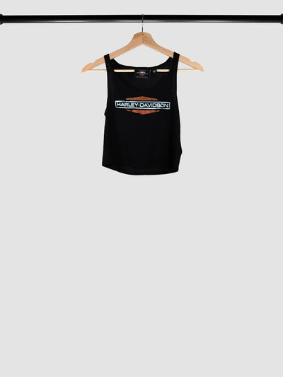 Harley Davidson tank top in black with an orange and white screen print graphic.