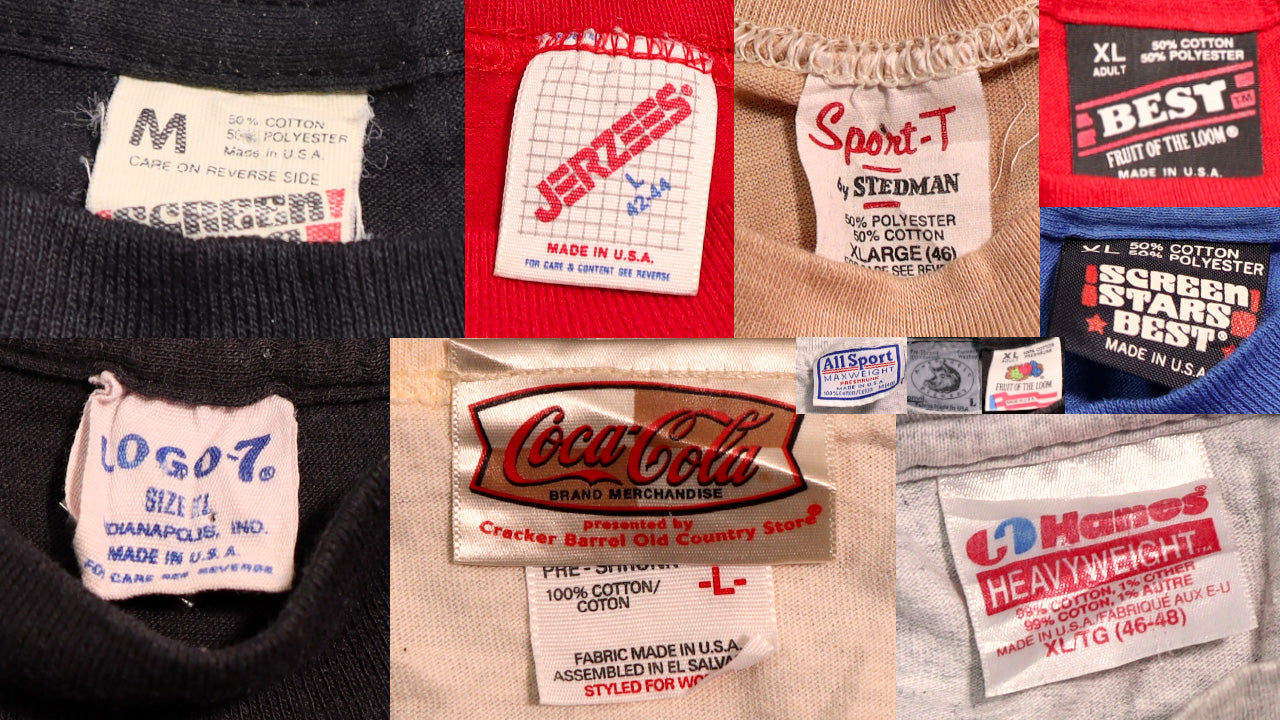 Montage of vintage tshirt tags from the 90s, 80s, and 70s.