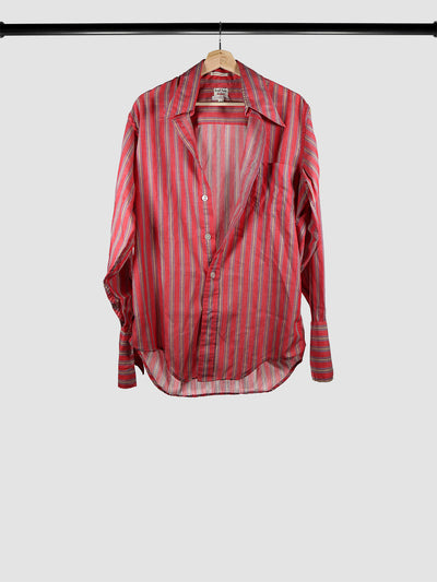 Vintage red, yellow, and purple striped shirt with elongated pointed colors and French cuffs.