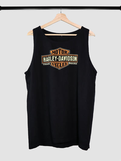 Harley Davidson Motorcycles trademark logo on a black tank top shirt.