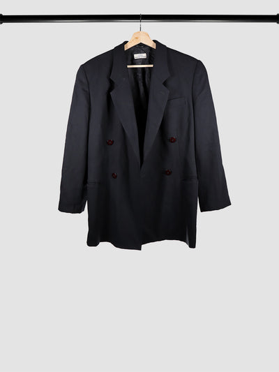 Fashion House Sanyo double breasted suit coat in black with dark red buttons.