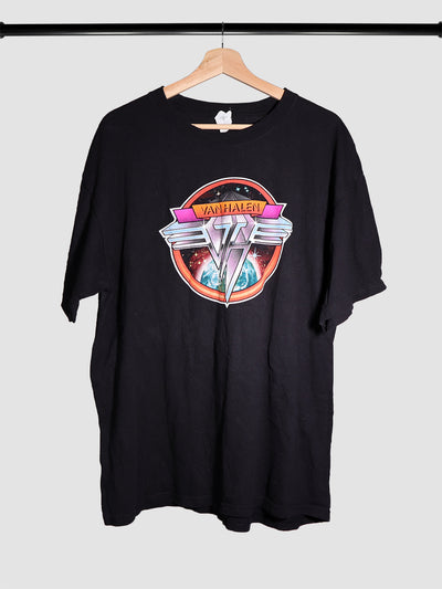 Van Halen band tour merchandise t-shirt with a graphic of the VH logo above planet earth on a black t-shirt.